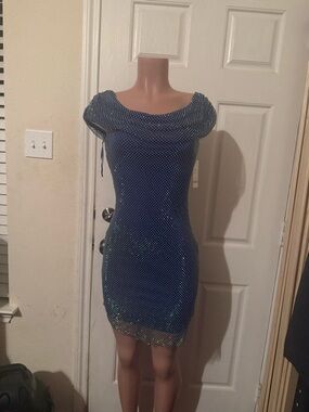 Blue Sparkle Polka Dot Mini Dress with Cowl Neck